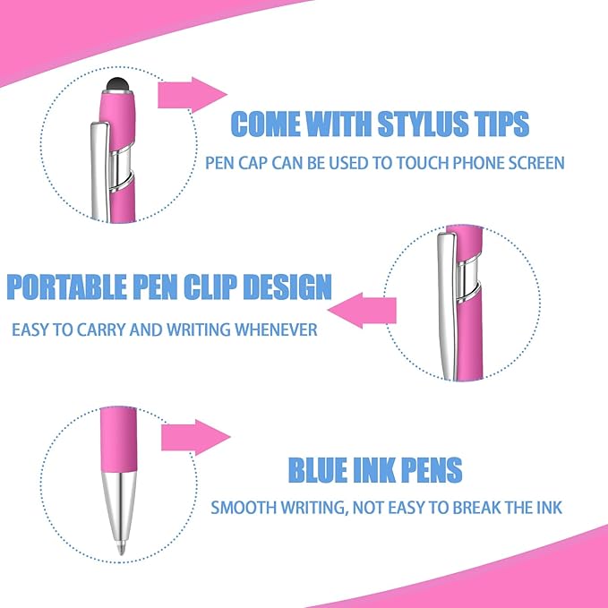 24 Pcs Blue Ink Ballpoint Pen with Stylus Tip 2 in 1 Ballpoint Pen 1.0 mm Blue Ink Metal Stylus Pen for Touch Screens Coworkers, Family, Colleagues, Office (Hot Rose)