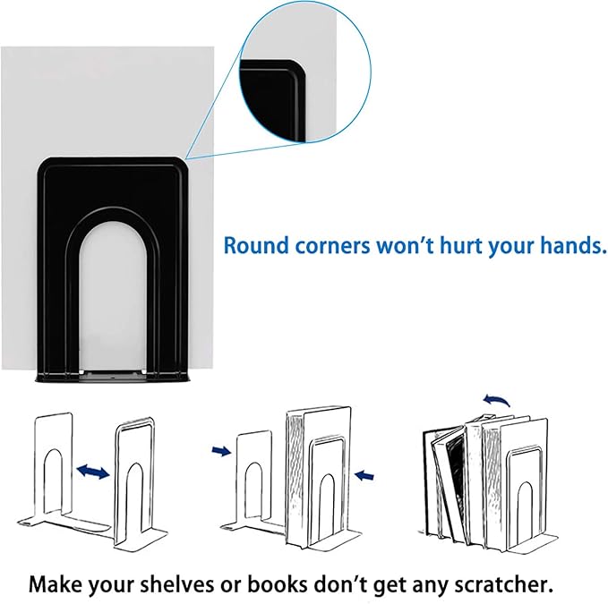 Metal Book Ends for Shelves, Book Shelf Holder Home Decorative, Book Ends for Heavy Books/Movies/CDs, Black 6.5 x 5 x 5.7 in, 4 Pair/ 8 Piece