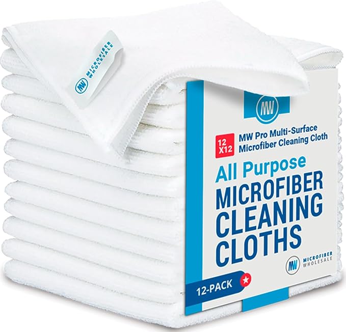 12" x 12" MW Pro Multi-Surface Microfiber Cleaning Cloths | White - 12 Pack | Premium Microfiber Towels for Cleaning Glass, Kitchens, Bathrooms, Automotive, Supplies & Products