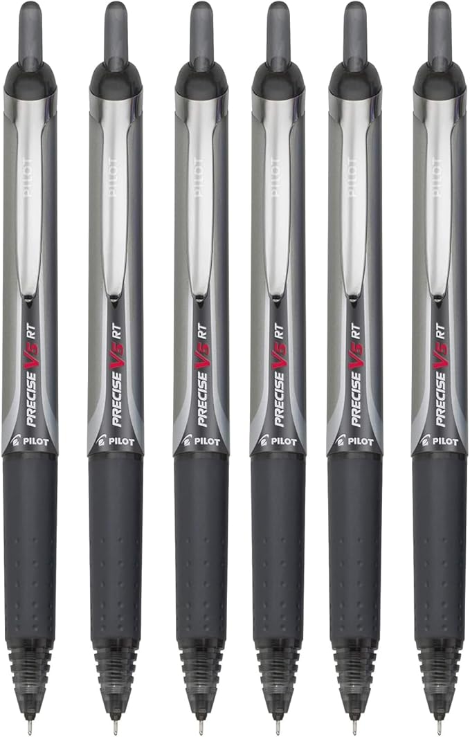 Precise V5 RT Retractable Rolling Ball Pens, Extra Fine Point (.5mm), Black Ink, 6-pk; Premium Comfort Grip, Bundle with Plastic Reusable Pouch
