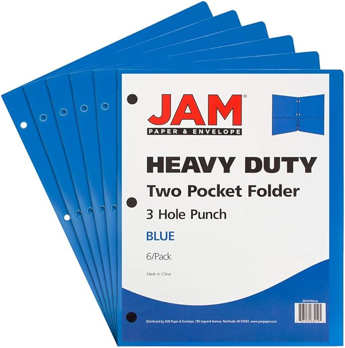 JAM PAPER Heavy Duty Plastic 3 Hole Punch School Folders with Pockets - Blue - 6/Pack