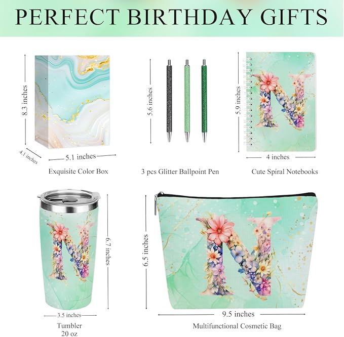 Personalized Gifts Monogrammed Birthday Gifts for Women, Colleague, Female Farewell Christmas, Initial 20 oz Tumbler, Makeup Cosmetic Bag Cup Pens Journal Notebook 6 Set, (Aesthetic Green Flower N)
