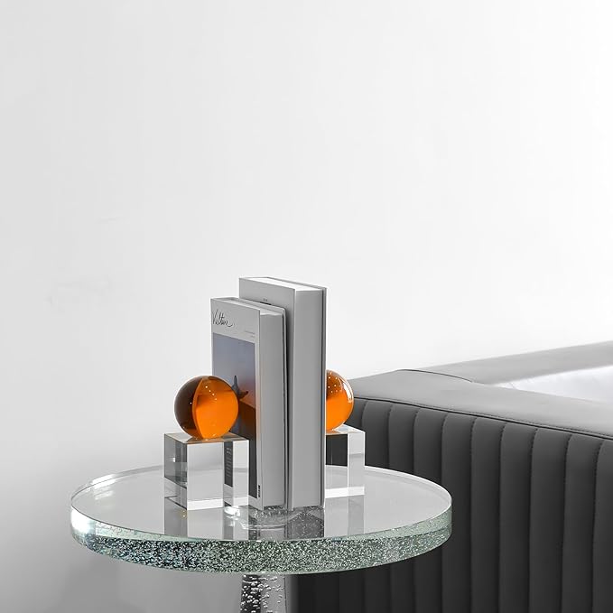 Crystal Bookends, 1 Pair of Decorative Tabletop Bookends for Office, Home, Desk, Comes with Gifed Box, Amber
