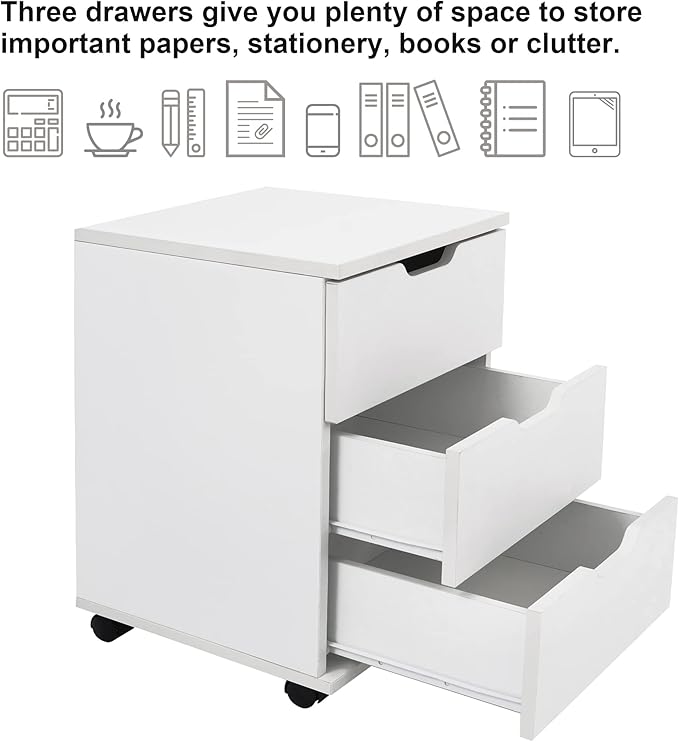 Farini 3-Drawer Vertical Filing Cabinet Rolling Wood Mobile File Cabinets Under Desk for Home Office with Casters (White, Fully Assembled)
