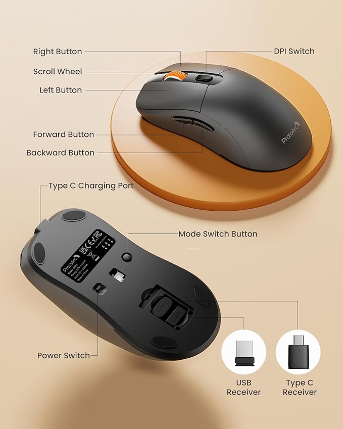 ProtoArc Bluetooth Wireless Mouse, USB C Mouse, EM15 Rechargeable Compact Portable Type C Wireless Mice for Laptop, Tablet, PC, Windows, Mac OS-Gray