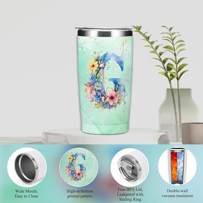 Personalized Gifts Monogrammed Birthday Gifts for Women, Mentor Employee Boss Day Christmas Initial 20 oz Tumbler, Makeup Bag Cup Ballpoint Pens Journal Notebook 6 Set, (Aesthetic Green Flower G)