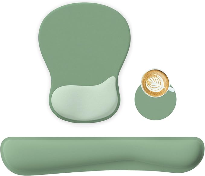 Wrist Rest Support for Mouse Pad Keyboard Set Circle Coaster Gaming Mouse Pad Ergonomic Gel Memory Foam Set for Computer, Laptop, Office, Pain Relief, Comfortably Typing Pure Green KM-34