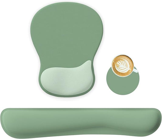Wrist Rest Support for Mouse Pad Keyboard Set Circle Coaster Gaming Mouse Pad Ergonomic Gel Memory Foam Set for Computer, Laptop, Office, Pain Relief, Comfortably Typing Pure Green KM-34