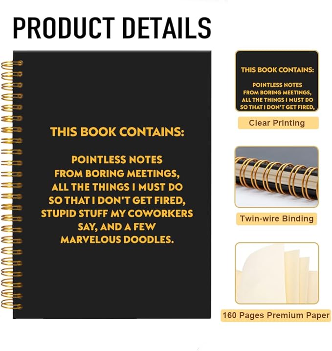 Pointless Notes from Boring Meetings Funny Black Golden Spiral Notebook, Humorous Office Gifts, Gag Gifts for Coworkers, Funny Office Sarcastic Gifts for Coworkers,Team Members, Employees