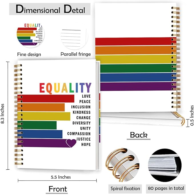 XUNLURY Equality Boho Rainbow Notebook, Diversity and Inclusion Journal, Positive Affirmation Journal, LGBTQ Rainbow Pride Hardcover Spiral Notebook, 5.5x8.3 Inch