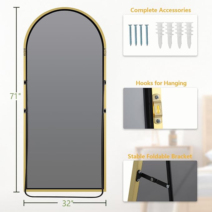 MELOMOIR 71"x32" Large Arched Mirror Full Length, Large Floor Mirror for Bedroom, Living Room, Gym - Free Standing Hanging or Leaning - Gold Frame