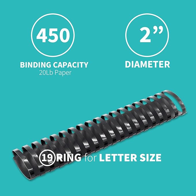 Binditek 10 Pack Plastic Binding Comb Spines, 2 Inch Diameter, 450 Sheet Capacity, 19 Ring, for Letter Size, Black, for Students and Coworkers