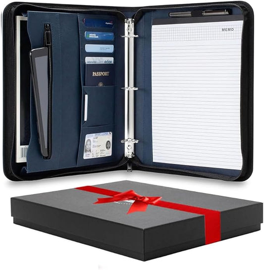 Forevermore Portfolios Portfolio Organizer - 3 Ring Binder with Notepad - 1.5 Inch Rings - Zippered Storage Pockets for Papers, Travel Documents, Presentation Folder, Cards, Passport, Tickets - Blue