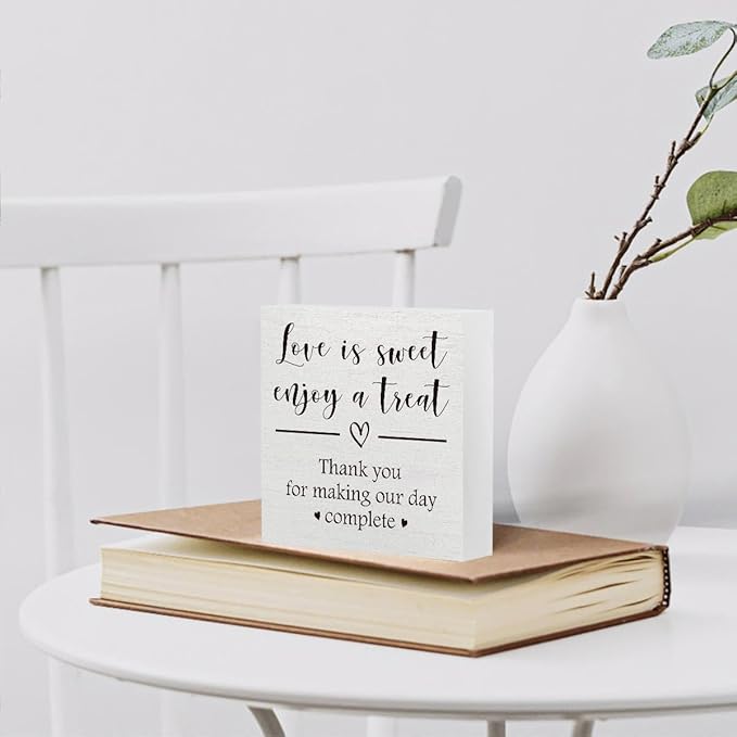 Love is Sweet Enjoy a Treat Wooden Box Sign Decorative Wedding Party Dessert Table Wood Box Sign Home Decor Rustic Square Desk Decor Sign for Shelf 5 x 5 Inches