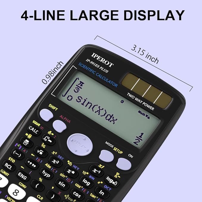 Scientific Calculators, IPEROT Black Math Calculator with 417 Function, Solar Battery Power and 4-Line Display, School Supplies for Middle High College Students Teachers (Black 991ES)