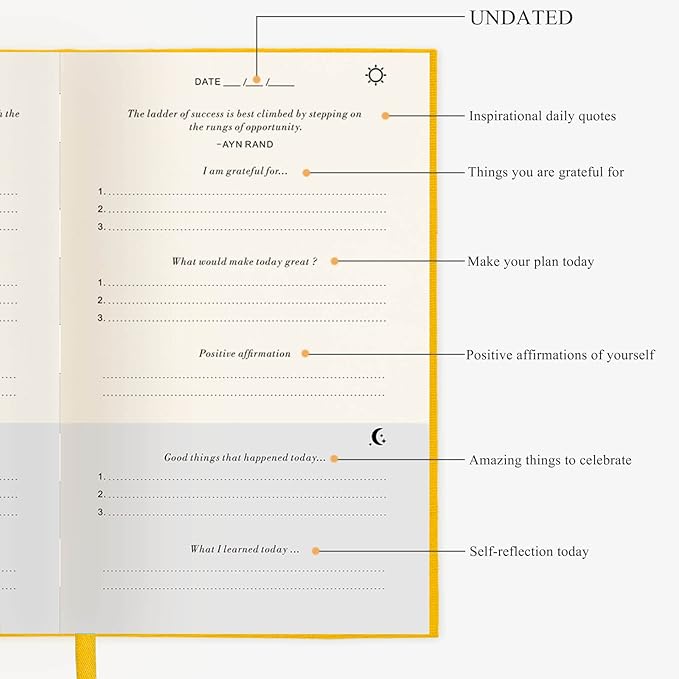 The Gratitude Journal - a Few Minutes a Day for More Happiness, Optimism, Affirmation & Reflection - An Effective Manifestation Guide Journal, Undated Daily Journals for Women & Men （Yellow）