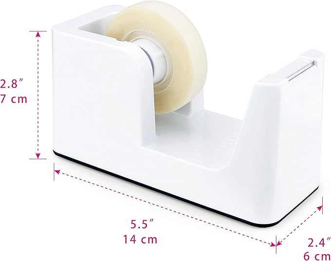 ABEL SimpleWork Desktop Tape Dispenser, White, 1 in Core, Non-Skid Weighted Base, Tape Cutter for Office, Home, School, and Crafts