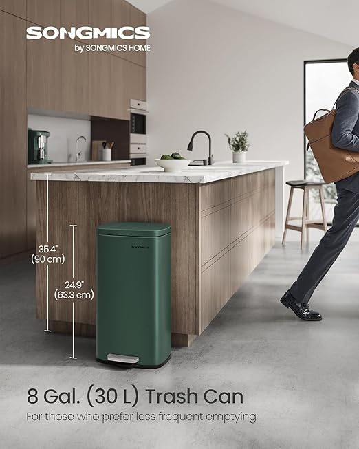 SONGMICS Trash Can with Lid, 8 Gallon Garbage Can, Stainless Steel Small Waste Bin with Step Pedal and Inner Bucket, Soft Close, Kitchen, Retro Green ULTB003C01