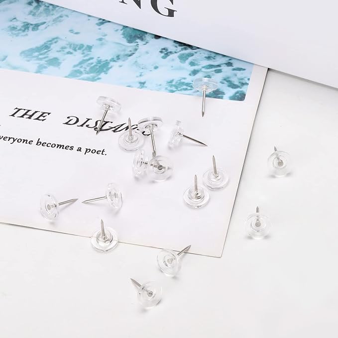 300Pcs Clear Push Pins，Flat Thumb Tacks for Bulletin Board，Plastic Head with Steel Point Thumb Tacks for Wall Cork Board