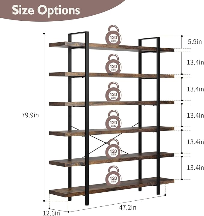 6 Tier Bookcase, 47 Inch Wide Wood Bookshelf, 120lbs Shelf Capacity, Rustic Open Shelving Industrial Display with Reinforced Horizontal Brown Shelves for Living Room Bedroom Office 2 Set