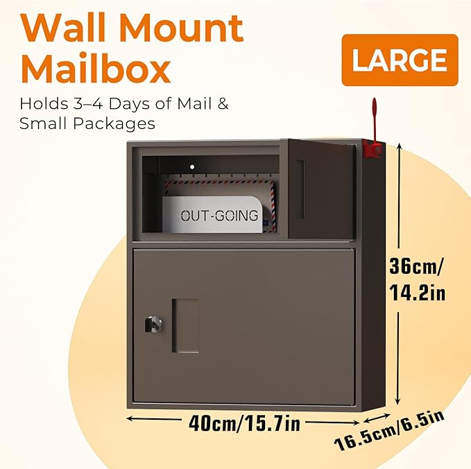 WeHere Wall-Mount Mailbox with Outgoing Flag, Large Secure Mail Box fot Outside, Galvanized Steel Rust-Proof Anti-thef Weatherproof Mailboxes for Office, Commercial, House Porch Front Door, Fence