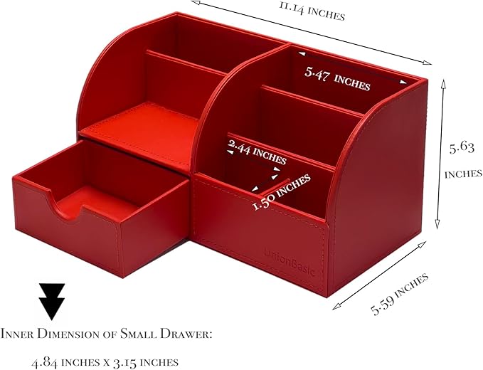 UnionBasic Desk Organizer - Multifunctional Leather Desktop Pen Holder Storage Box - Business Card/Pen/Pencil/Mobile Phone/Stationery Holder, Red