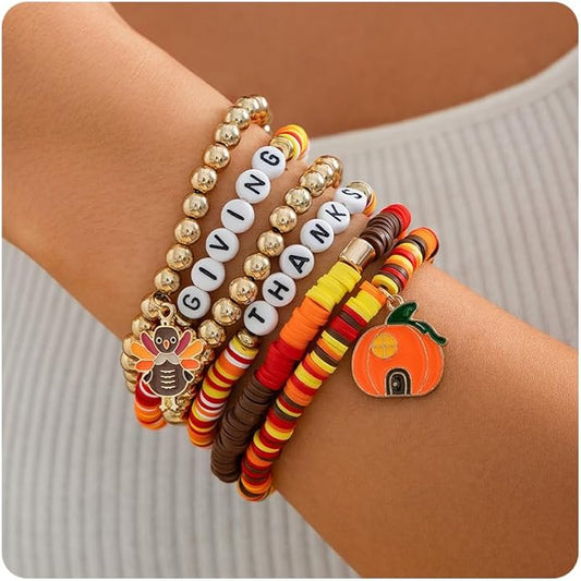 Thanksgiving Bracelets Set for Women Fall Pumpkin Turkey Maple Leaf Charm Bracelets Thanksgiving Polyester Clay Heishi Beads Stretch Brace-lets Thanks-giving Fall Jewelry Accessories Gifts for Her