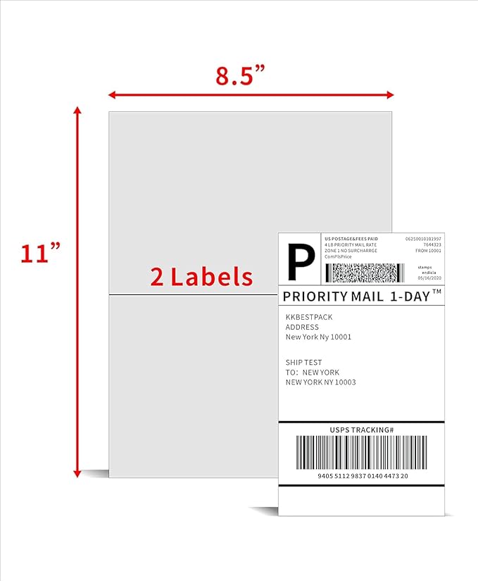 KKBESTPACK Half Sheet Shipping Labels for Laser and Inkjet Printers – 2 Per Page Self Adhesive Mailing Labels – White 8.5 x 5.5 (50 Labels)