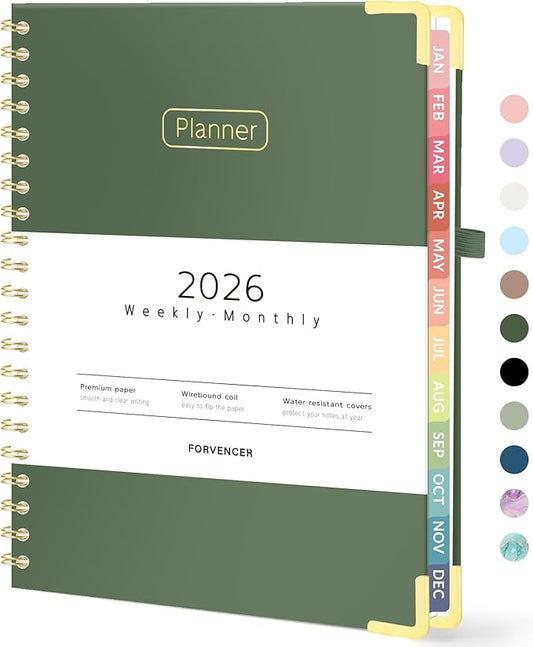 Forvencer 2026 Planner, Hardcover Calendar Planner Weekly and Monthly, January 2026 - December 2026, 8.5" x 11", Spiral Agenda Book with Tabs, Exquisite Daily Journal with Inner Pocket, Organizer Notebook for Office Home School, A4 Size, Dark Green
