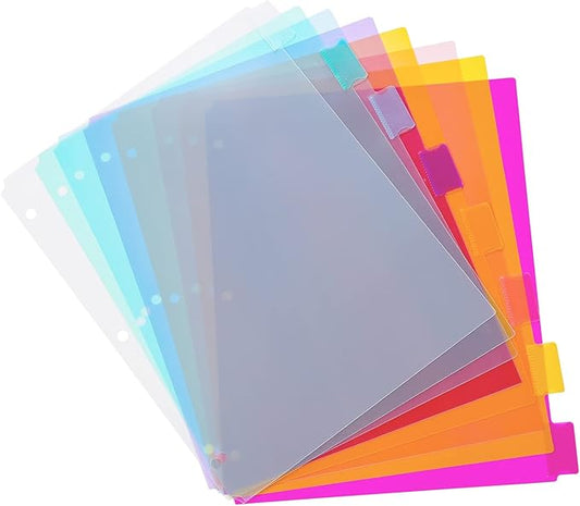 Seashell 3 Sets 8-Tab Plastic Binder Dividers, 8 Tab Insertable Index Dividers for 3 Ring Binders, Letter Size, Durable, Assorted Colors, School Subject Binder Organizers