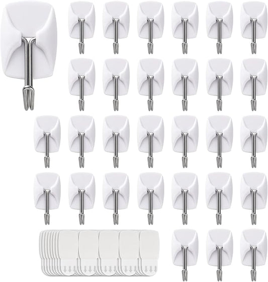 32 Small Hooks+40 Removable Strips, White Wire Hanger Hooks, Heavy Duty with Adhesive Strips, Damage-Free Utility Hooks, No Tools Wall Hook for Hanging, Value Pack