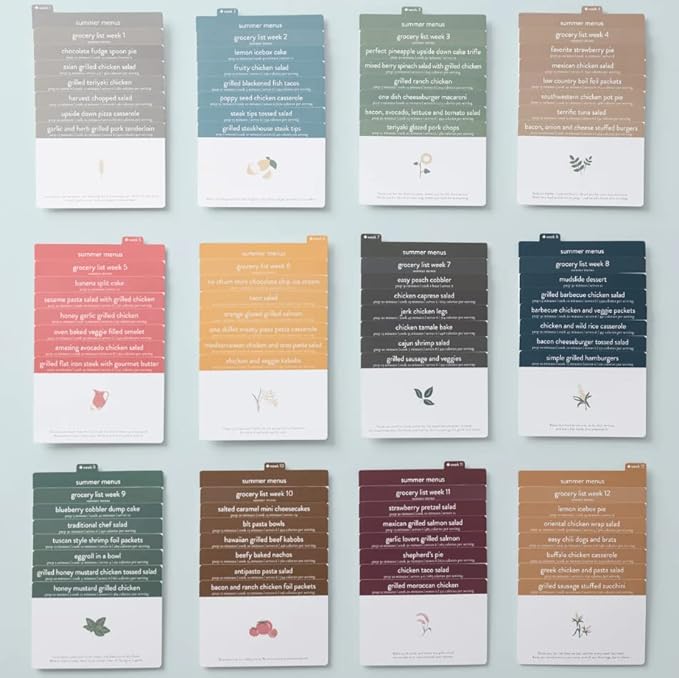 Meal Planner with 72 Recipe Cards (Summer Menu) - Weekly Menu Planner | Sturdy Recipe Box | 12 Reusable Grocery Shopping Lists | 5 Blank Recipe Cards | Recipe Card Protector | Recipe Ideas
