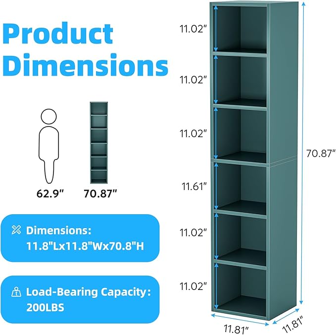 70.9" Wooden Bookshelf, 6-Tier Bookshelf with Open Storage, Corner Bookcase, Display Shelf for Bedroom and Living Room Offices, Blue