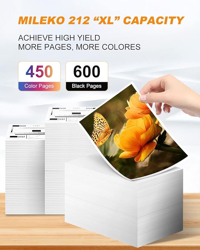 MILEKO 212XL Remanufactured Ink Cartridges Replacement for Epson 212 XL T212 Work for Epson Workforce WF-2850 WF-2830 Expression Home XP-4100 XP-4105 Printer (2 Black, Cyan, Yellow, Magenta, 5-Pack)