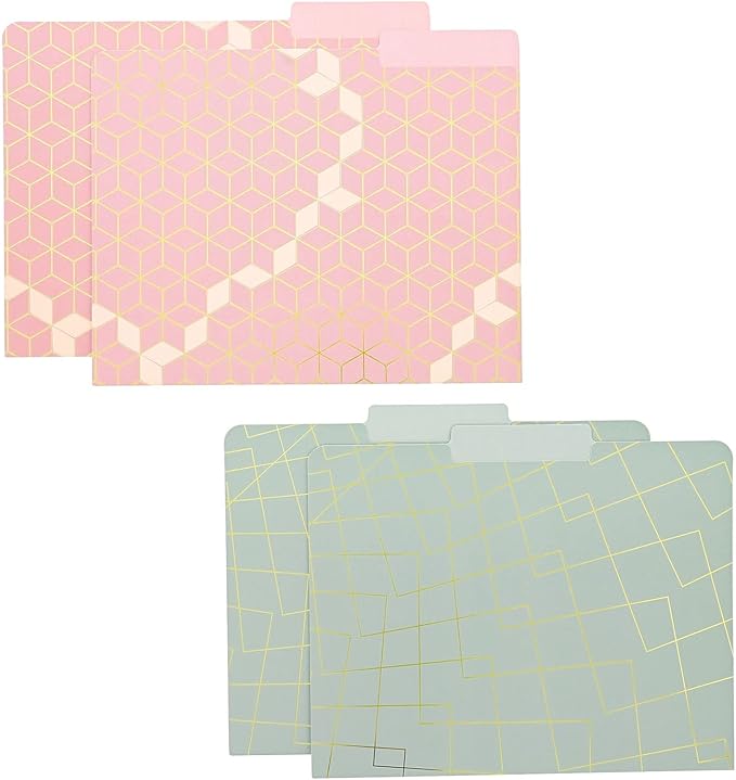 Paper Junkie Decorative File Folders - 11.5 x 9.5 in, Pink Pack of 12 - Cute Geometric Accents & Gold Foil 1/3 Tab - Pretty Colored folders for Office Supplies & School