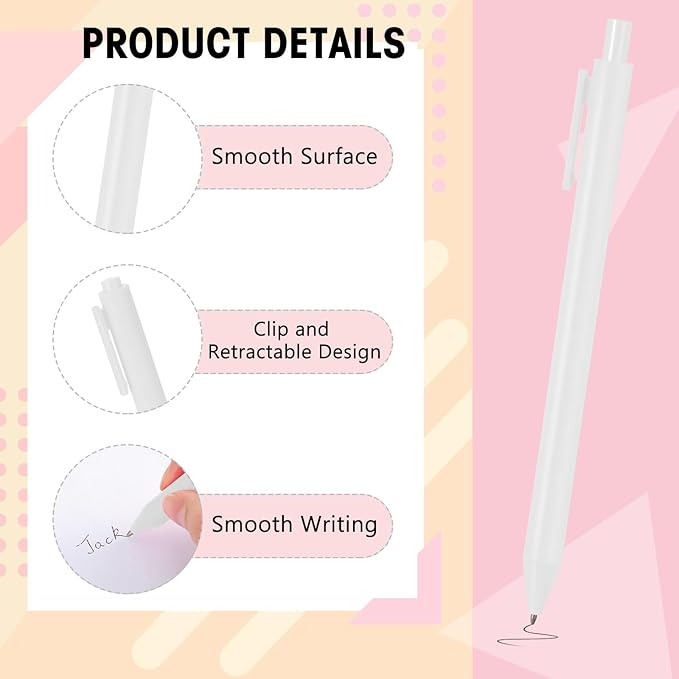 Fulmoon 25 Pcs Ballpoint Pens Bulk Retractable Comfortable Writing Pens Cute Back to School Supplies in Medium Point 1.0 mm for Teacher Student Bridal Shower Baby Shower (White)