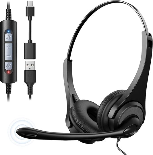 USB Headset with Microphone,Wired On Ear Computer Headphones with Noise Cancelling Microphone for Laptop PC,in-line Control for Work, Office, Teams, Zoom, Skype, Online Class