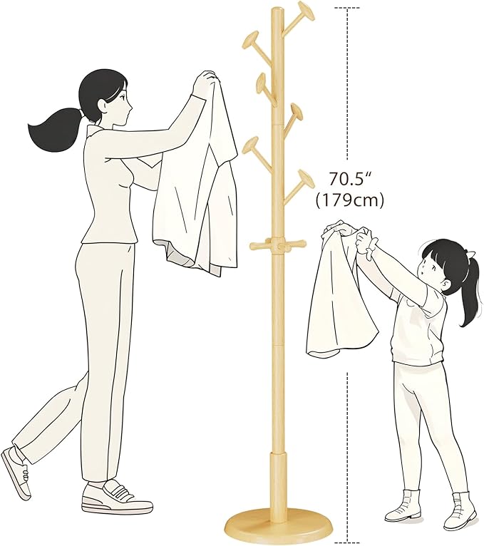 Solid Wood Coat Rack Freestanding Coat Tree with 10 Hooks for Bedroom, Livingroom, Entryway, Sturdy Coat Hanger Stand for Hats, Coats, Scarves, Handbags, Purses