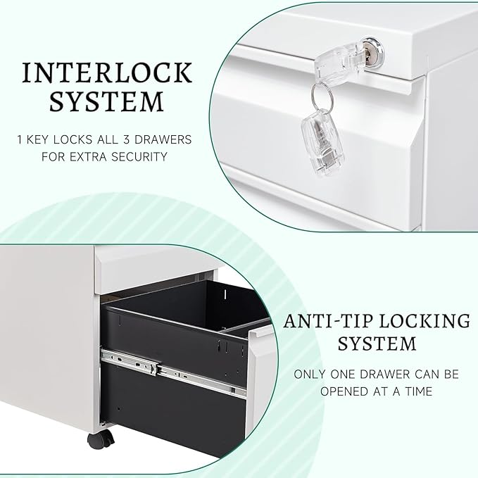 Letaya 3 Drawer Mobile File Cabinet with Lock, Under Desk Metal Rolling Filing Cabinets for Home Office Organizer Letters/Legal/A4 (White- Requires Installation) (White)