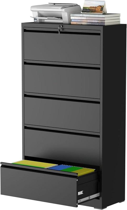 5 Drawer Lateral File Cabinet with Lock, Metal File Cabinet, Lateral File Cabinets for Home Office, Heavy Duty File Storage Cabinet for Legal/Letter/A4 Document, Assembly Required, Black