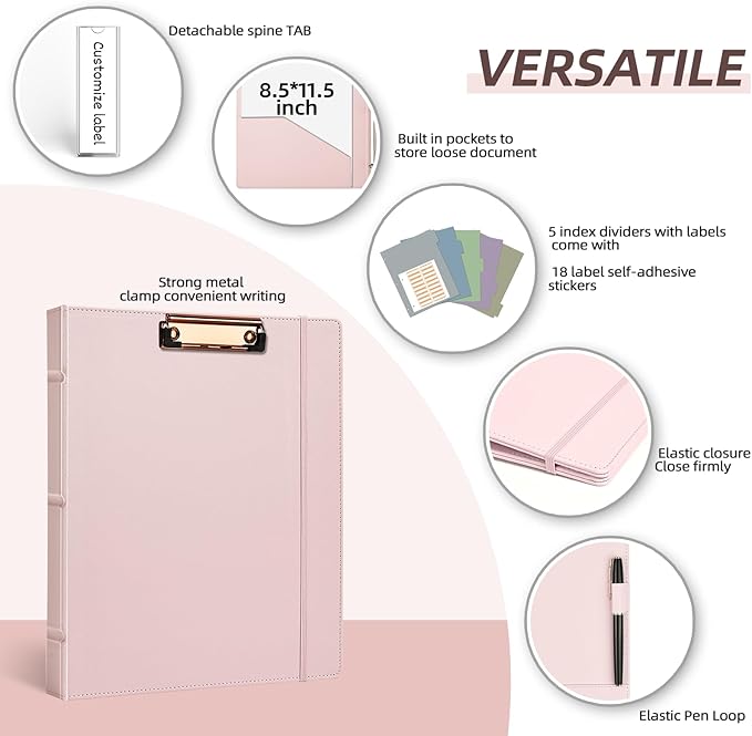 Ospelelf Vintage Hardcover 3 Ring 1 inch Leather Binder, Professional Binder Organizer Suitable for Letter Size, Binder Dividers with Tabs, Clipboard Design, Faux Rose Pink Leather