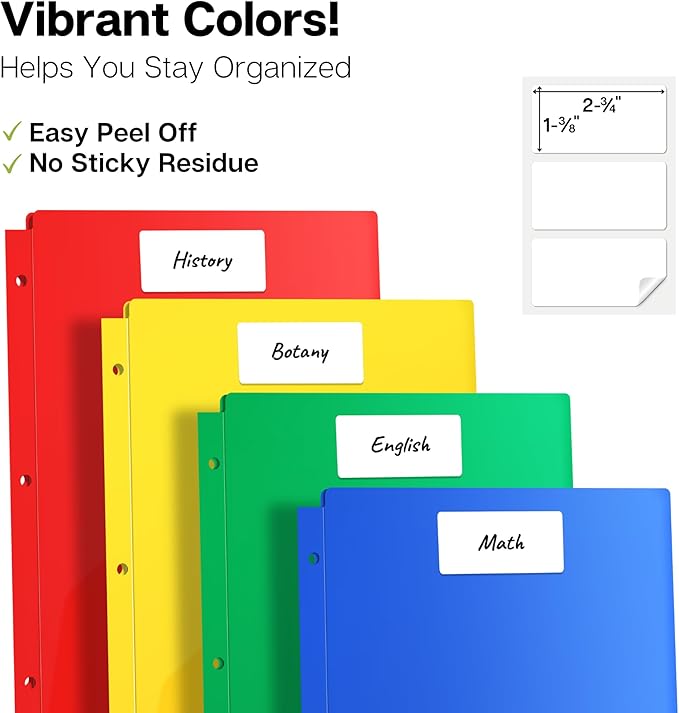 Dunwell Plastic 2-Pocket Folders for 3-Ring Binders, (6 Pack, Assorted Colors) 3 Hole Punched, Divider Folder for Notebook, Durable Poly, Fits 8.5x11 Sheets, Includes Labels