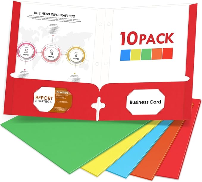 Folders with Pockets, 2 Paper Folders with Pockets (10 Pack, Assorted Colors), File Folders Letter Size, 3 Hole Punched with Business Card Slot, File Folders for School Office Home Documents