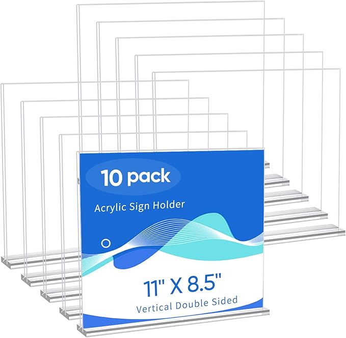 10 Pack Acrylic Sign Holder 11 x 8.5, Horizontal Clear Double Side T Shape Acrylic Table Sign Stands for Displaying, Flyer Holder Paper Card Holder for Office Business Store Mall Restaurants