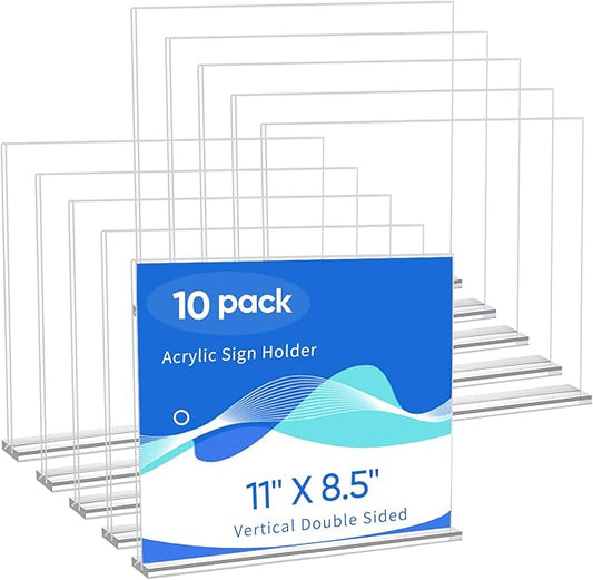 10 Pack Acrylic Sign Holder 11 x 8.5, Horizontal Clear Double Side T Shape Acrylic Table Sign Stands for Displaying, Flyer Holder Paper Card Holder for Office Business Store Mall Restaurants
