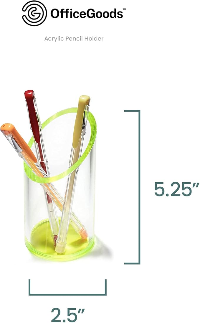 OfficeGoods Acrylic Pen & Pencil Holder - Modern Cylinder Design - Beautiful Desk Organizer for Home or Office - Contrasting Base & Rim - 5.25” H x 2.5” W - Neon Green