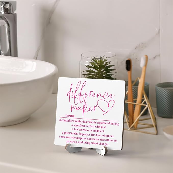 Wooden Table Sign Office Decor Difference Maker Definition Desk Decor Wood Plaque With Stand Thank You Gifts for Boss Women Best Mom Coworker Teacher Office Desk Accessories(White)-C01