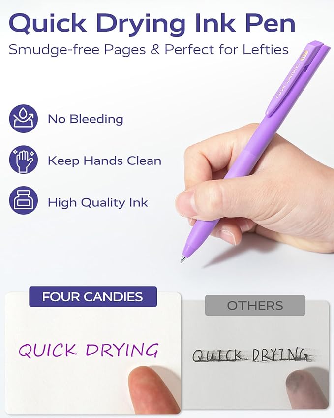 Four Candies Quick Dry Ink Colored Pens Set, 12 Colors Retractable Gel Pens, 0.7mm Fine Point Colorful Pen for Note Taking & Drawing, Colored Gel Pen with Comfort Grip for Office, School & Home