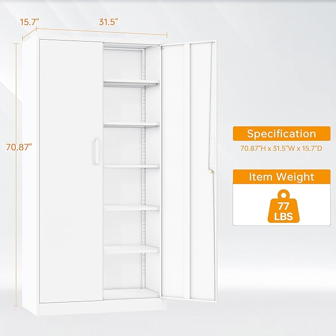 STANI Metal Garage Storage Cabinet with Lock, 71" Steel Lockable File Cabinet, Locking Steel Storage Cabinet with 5 Adjustable Shelves for Home, Office, Warehouse, Garage, School (White)