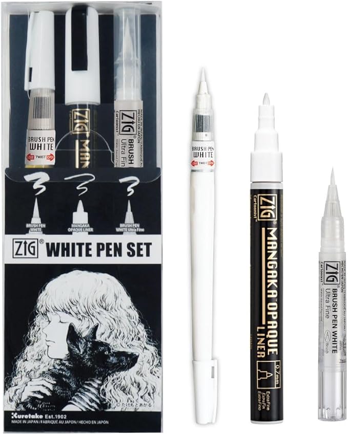 Kuretake Zig Inktober pen set, for Illustration, Manga Drawing, Lettering and Calligraphy, Professional Artist, Made in Japan (White(3pcs.))